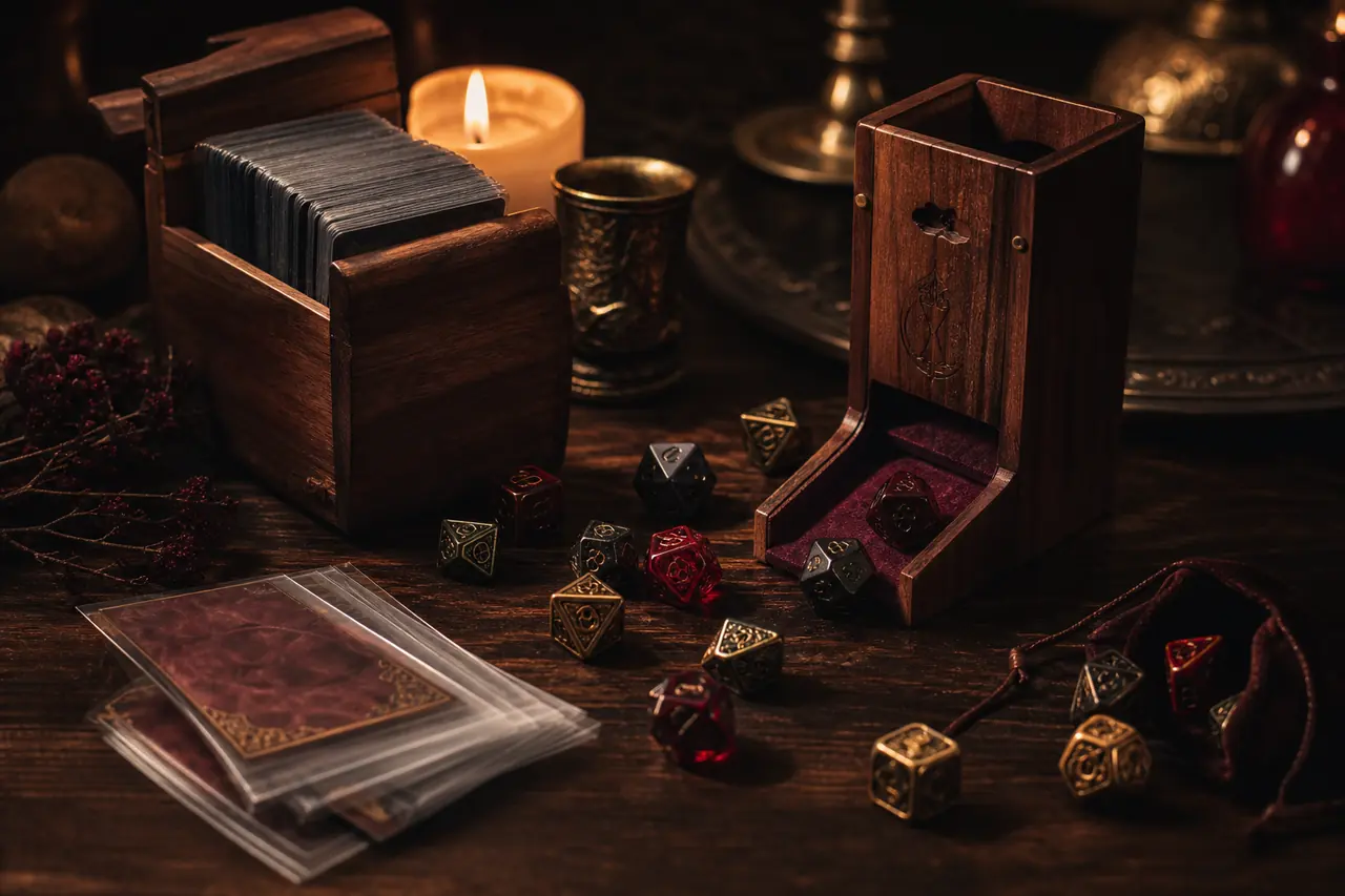 Accessori per giochi da tavolo: bustine protettive, dadi e porta-mazzi