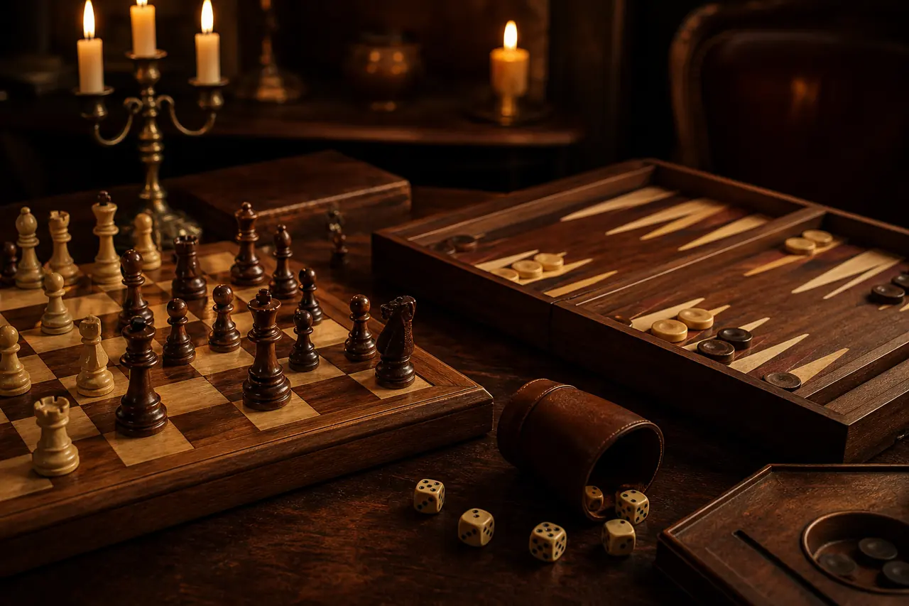 Giochi da tavolo classici: scacchiera, dadi e carte tradizionali