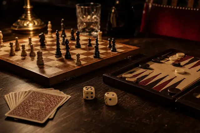 Scacchiera in legno, backgammon e carte classiche