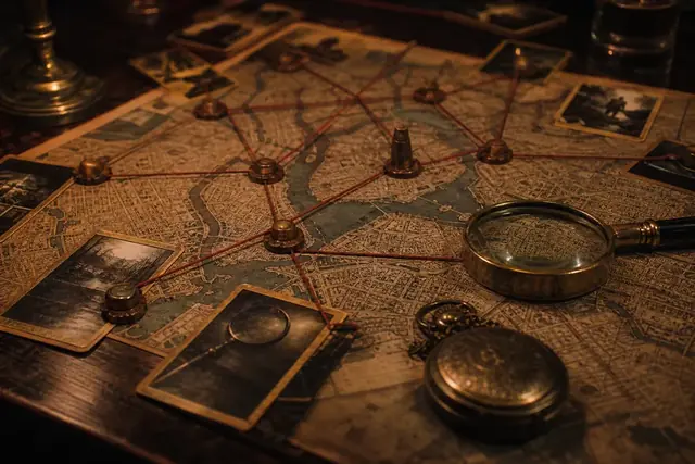 Gioco investigativo con mappa, lente e indizi collegati da fili rossi